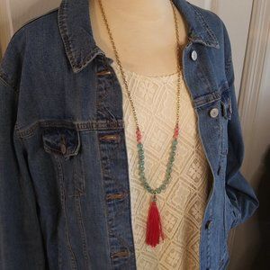 Rose and Mint Stone Bead and Tassel Skinny Necklace |New | Semi-Precious Stone